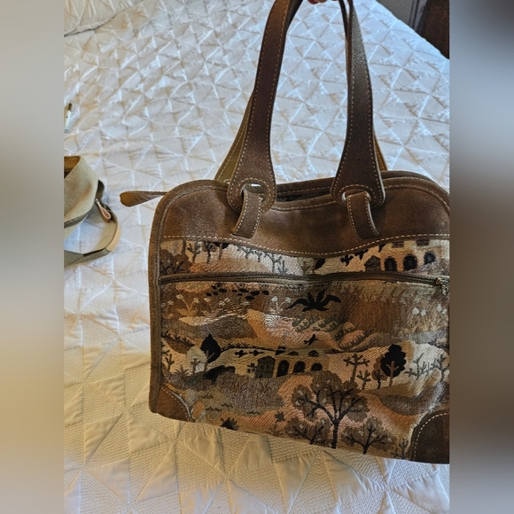 Vintage The French Company Suede Countryside Tapestry Luggage Handbag - Picture 5 of 13